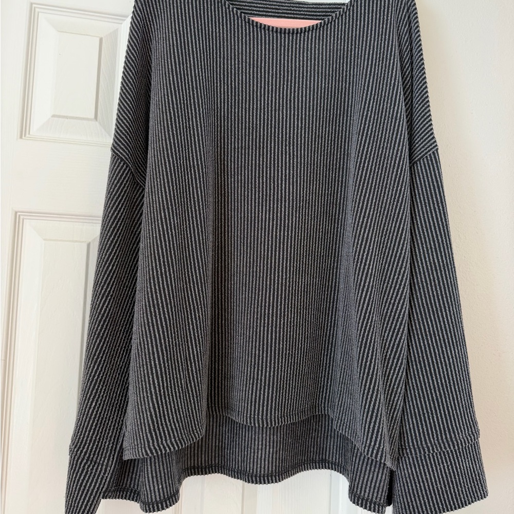 Three Bird Nest Charcoal and Light Gray Striped Top